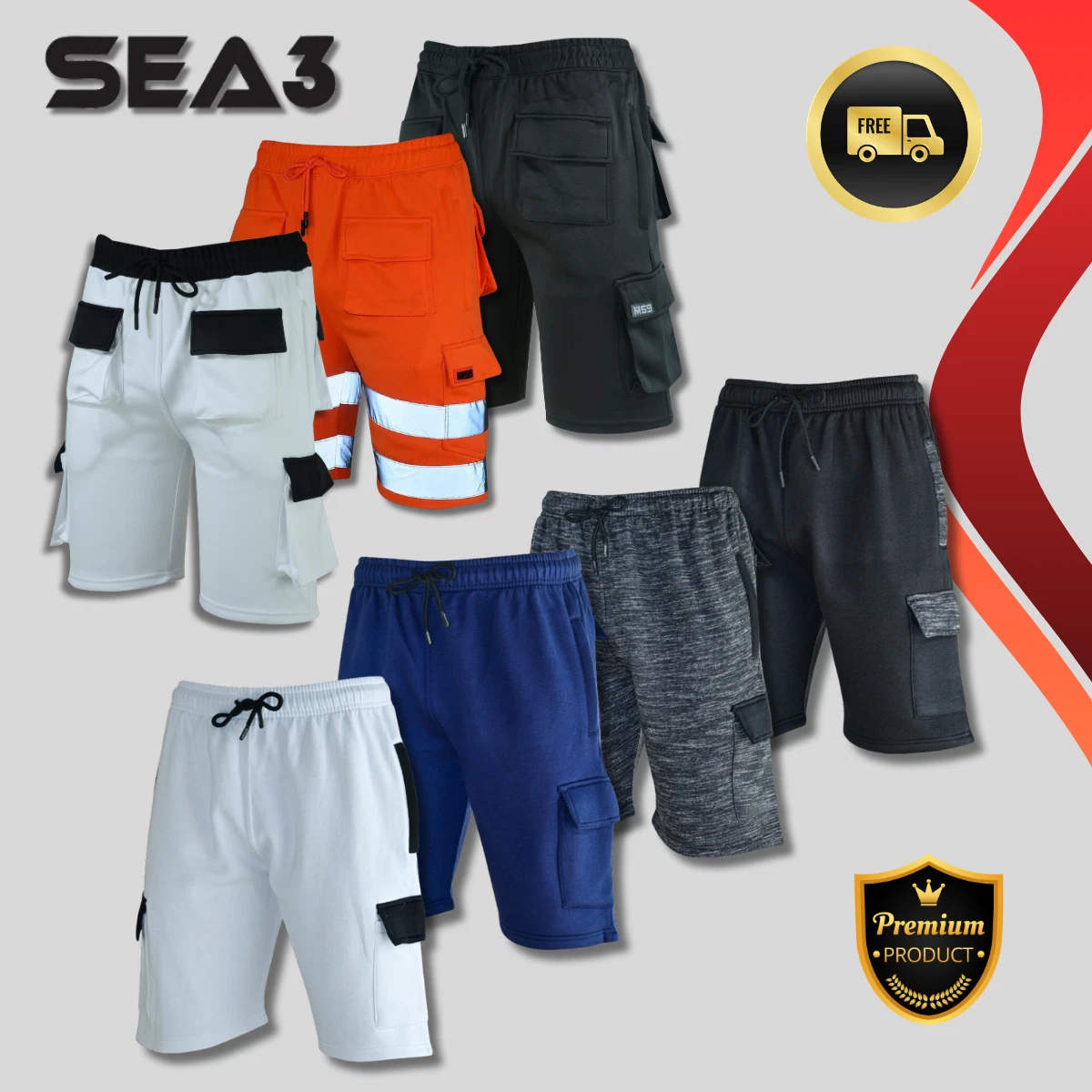 SEA3 Mens Fleece Shorts Cargo Pockets Tracksuit Jogging Work Utility Shorts