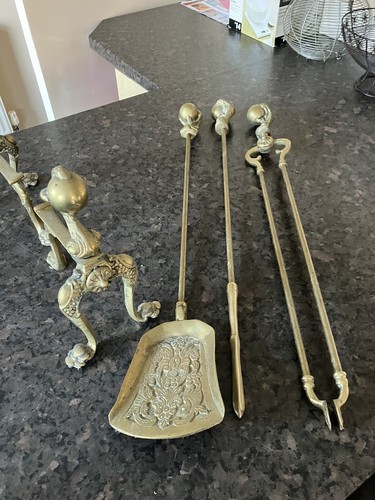 Antique Vintage Brass Hearth Fire Side Companion Tool Set Large Sized - Picture 2 of 4