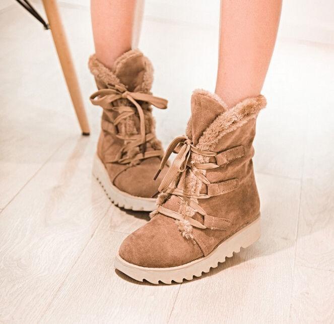 Cute Lady Winter Womens Snow Ankle Boots Warm Lace Up Low Heel