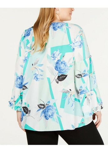 Blusa para mujer Alfani negra verde 1X Plus floral con volantes manga campana #166 - Imagen 2 de 2