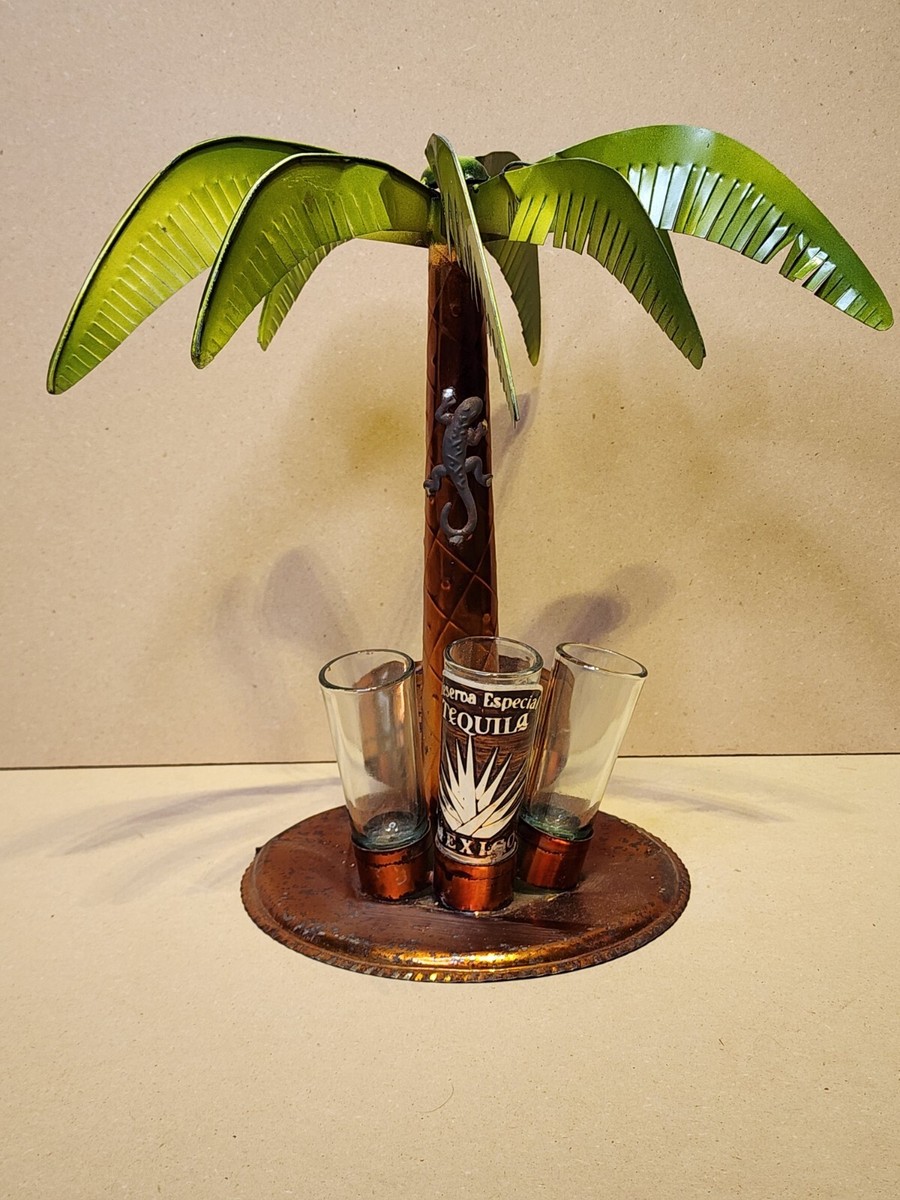 Palm Tree Liquor and Shot Glass Holder Copper Color Metal Patina