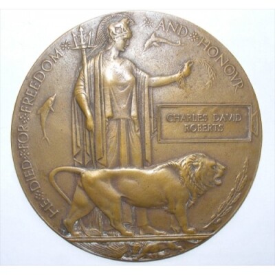 WW1 Death Penny Plaque CHARLES DAVID ROBERTS 100% Genuine more Research Required