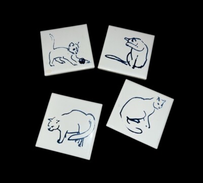 Hand painted Cat Kitty Ceramic Tile Coasters Set Of 4