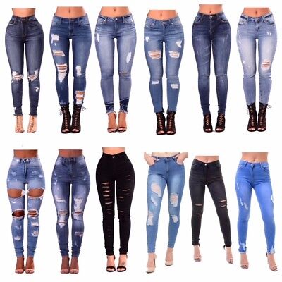 WOMENS HIGH WAISTED SKINNY JEANS RIPPED 