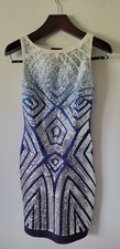 Bebe Blue Silver Sequin Sparkle Cutout Back Geo Print Dress Small Dance Party