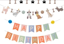 Dog Themed Banner, Colorful Dog Birthday Decorations Dog Paw Print Bone Happy Bi
