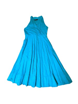 jones new york linen dress Jones New York Turqouise Blue Linen Midi V-Neck Dress, Lined, Size 10  Women's