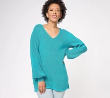 Belle by Kim Gravel Bubble Sleeve Slouchy Ribbed Sweater Tuscan Turq XL New