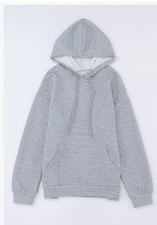 Women s Waffle Knit Hoodie Gray Oversized Pullover Sweatshirt Soft Size S