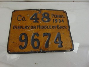 VERY RARE ANTIQUE  48 County 1934  Penn.  Metal HUNTING LICENSE 9674
