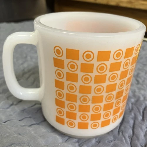 Vintage Glasbake Milk Glass Mug with Orange Geometric Design