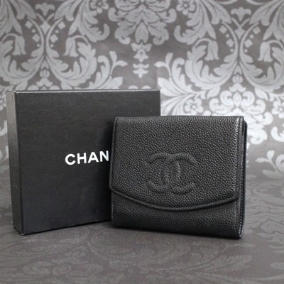 CHANEL Caviar Skin CC Logo Black Bi-fold Compact Wallet #2805 Rise-on