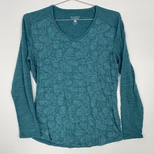 Segments Shirt Womens Large Teal 100% Merino Wool Long Sleeve V Neck Thermal