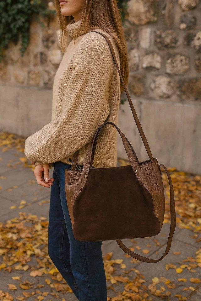 Bolso de Mano de Gamuza Coñac - Bolso de Mano Genuino Hecho en Italia | Bolso de Trabajo Diario Foto 2 de 4