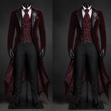 Victorian Burgundy Velvet Men's Suits Wing Hem Wedding Cosplay Tuxedo 3 Pieces
