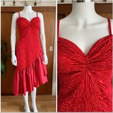 1980’s vintage red prom party cocktail kitsch asymmetrical dress uk 12 Medium