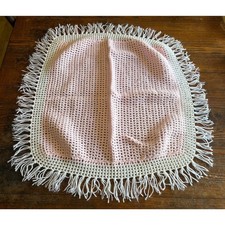 Handmade crochet pink  white baby blanket with fringe 32x30  