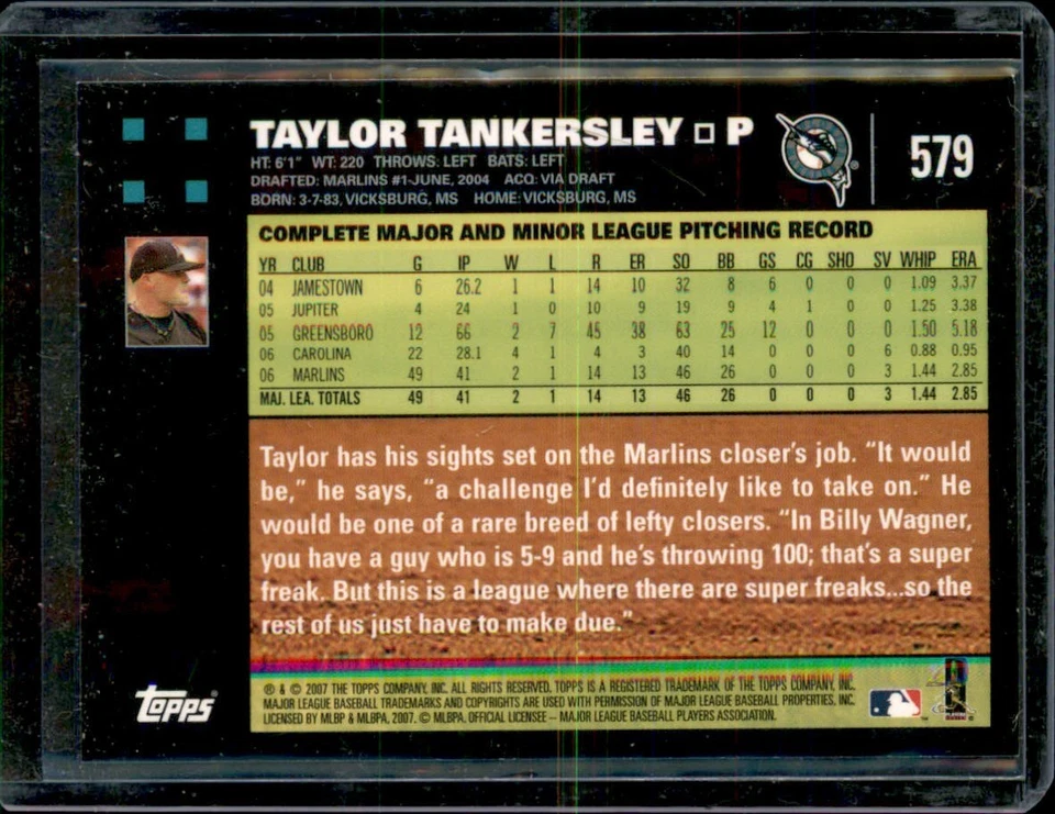 2007 Topps  #579 Marlins Taylor Tankersley  Auto/ Signed IP - Image 2 of 2