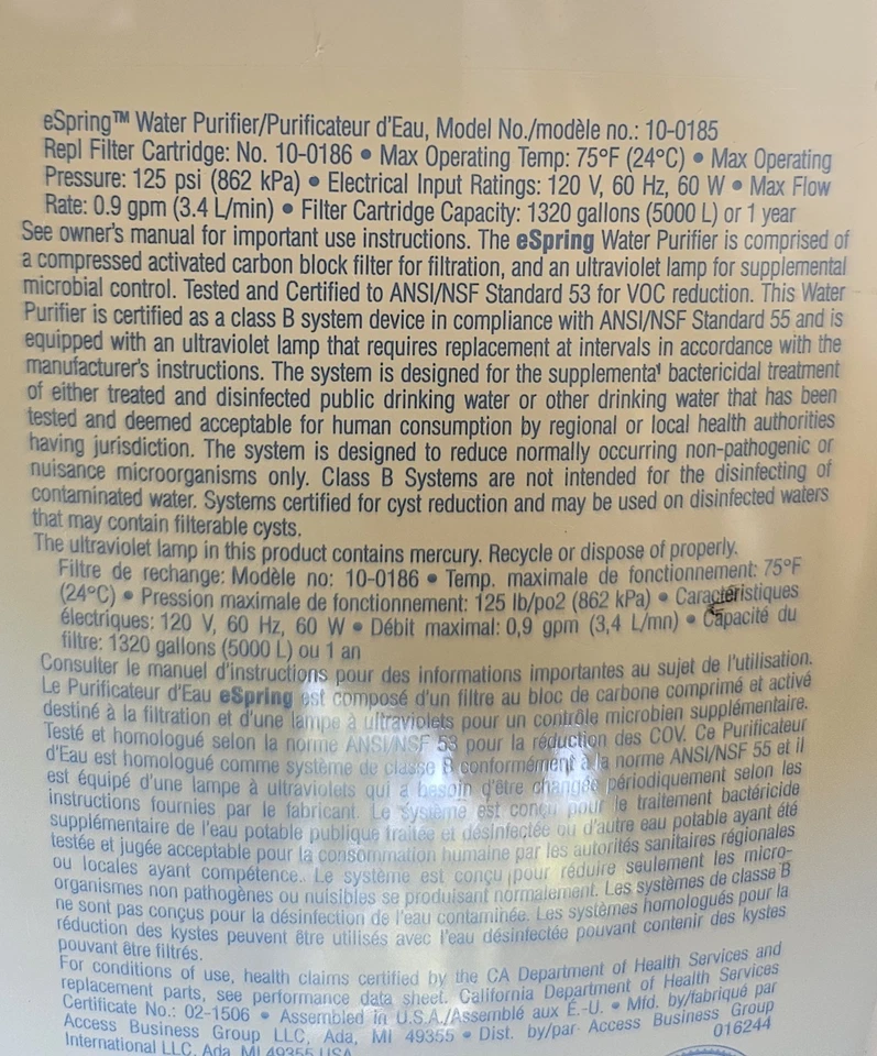 Amway E-spring Water Filter  10-0185 And Replacement Filter  10-1086 - Image 4 of 4