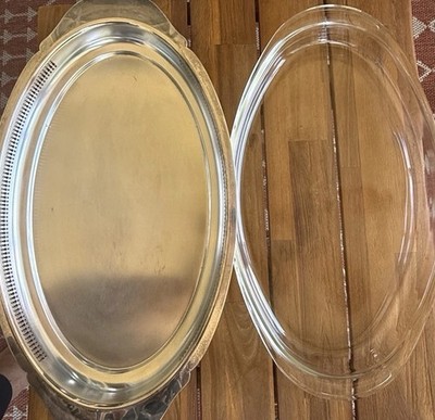 Pyrex Vintage 1233 Casserole 16 x 9.75 3Qt  B5 With Pilgrim Silver Plate Tray