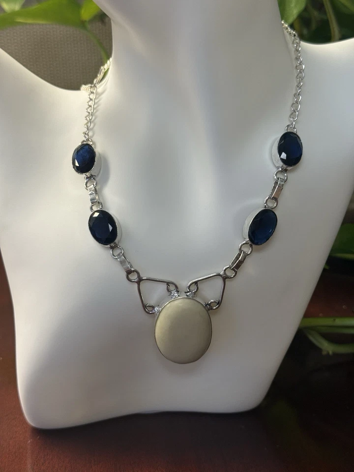 Silver Boho Necklace w/ Bone Stone Center & Sapphire Glass Accent Stones - Image 3 of 4