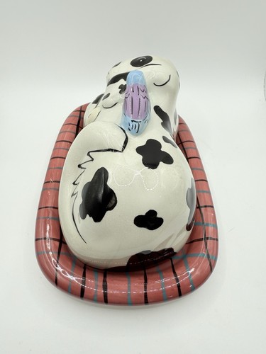 Dogzilla Butter Dish - Candice Reiter Ceramic Red Plaid White Black Spotted Dog - 第 4/12 張圖片