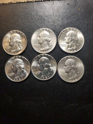 LOT OF 6 90% SILVER UNC WASHINGTON QUARTERS 1941, 1944x2, 1956, 1957x2