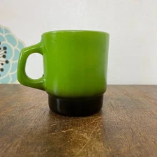 Vintage Fire King Mug, 1970s Avocado Green & Black Coffee Cup, Stackable