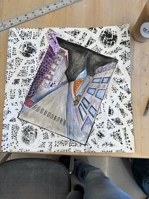 Modern Surreal Cityscape Original Drawing, Colored Pencil Ink on Paper, Unframed