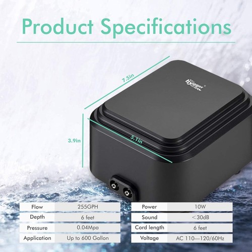 hygger Quietest Aquarium Air Pump, Adjustable Oxygen Pump 2 Air Outlets Ultra Si