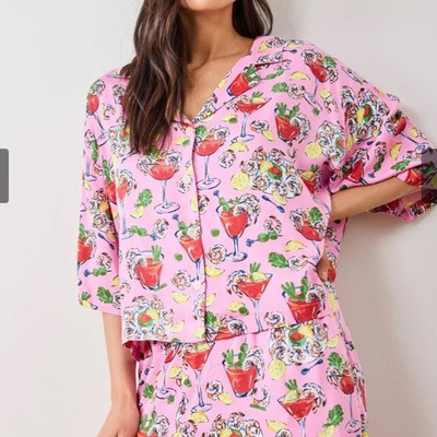 NEW$188 Printfresh Shrimp Cocktail Eco Satin Wildest Dreams PJ Set Parlor Pink L