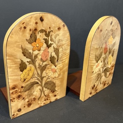 Italian Wood Floral Book Ends Bookends Hinged Beautiful Italy VTG
