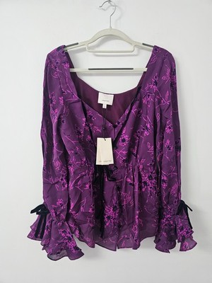 Cinq à Sept Bluse Damen klein lila Blumen Seide teilgefüttert Glockenbündchen Schleife