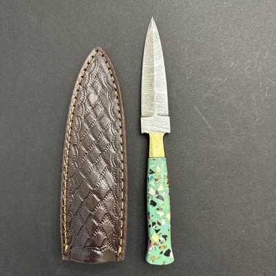 Custom - Hand-Crafted Damascus Steel Point Dagger 4'' Boot Knife & Leather Sheath