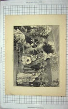 Original Old Antique Print 1872 Woods Fine Art Flower Show Statue Ladies Men