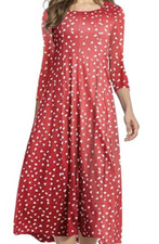 Hotouch womens A-line Flare Midi Dress 3/4 sleeve Small Red w/heart print