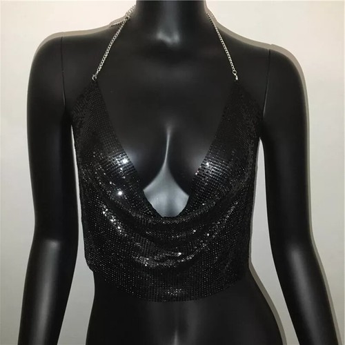 Metall Pailletten Neckholder Damen sexy V-Ausschnitt rückenlose Kette Tauchtank Weste kurzes Oberteil - Bild 15 von 27
