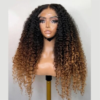 Ombre Blond Glueless 180Density Kinky Curly Lace Front Wigs African PrePlucked