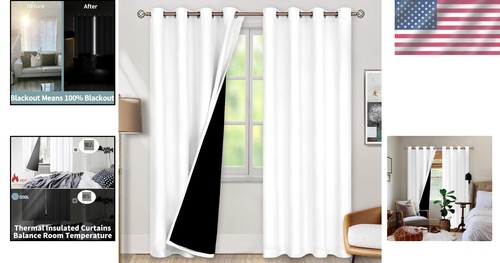 Thermal Insulated 100% Blackout Curtains - 46x90 Inch Grommet Panels, Pure White - Picture 2 of 10