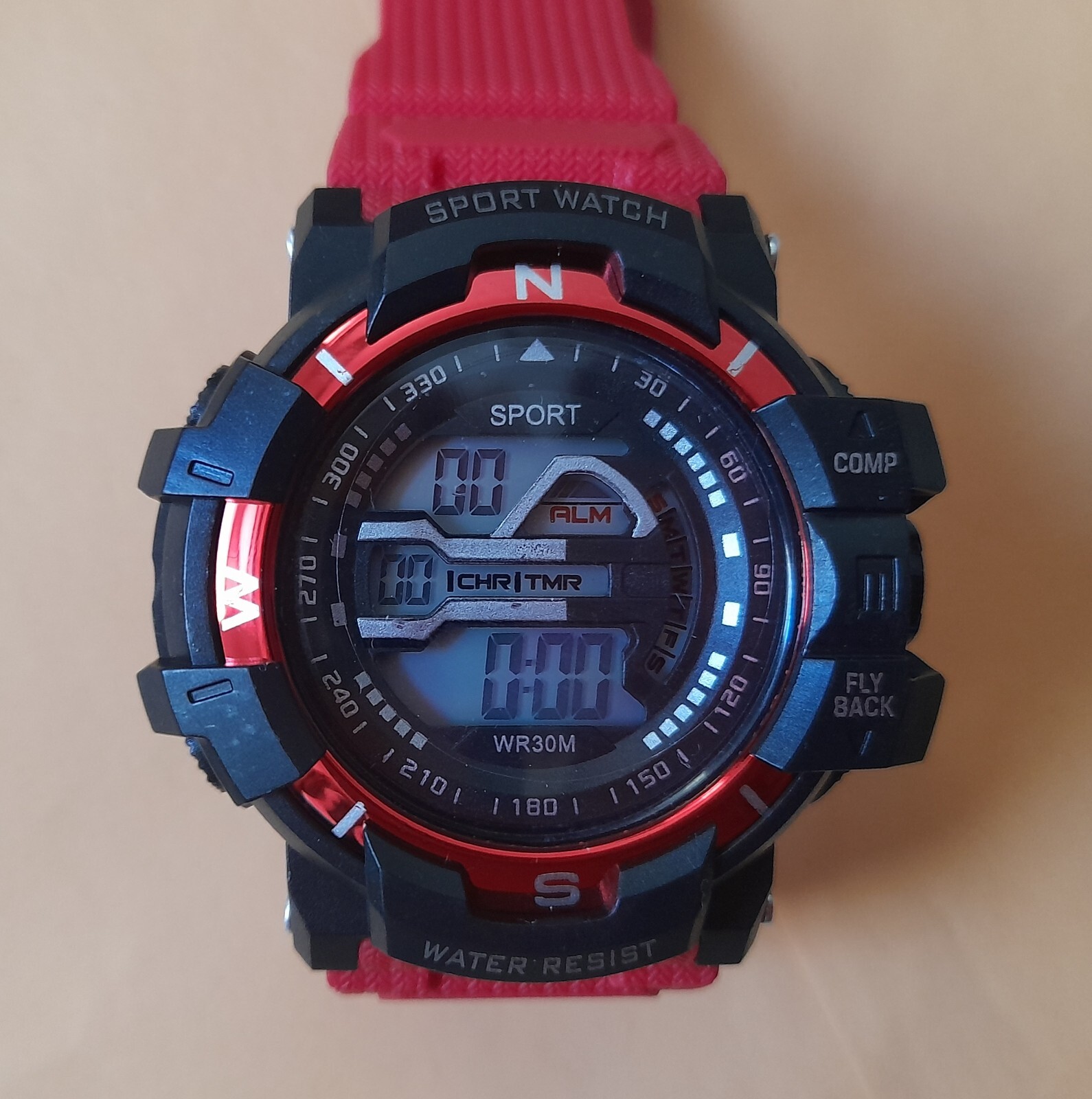 New Sports Large Men Watch w/Red Adjustable Band up to 8.5" 
