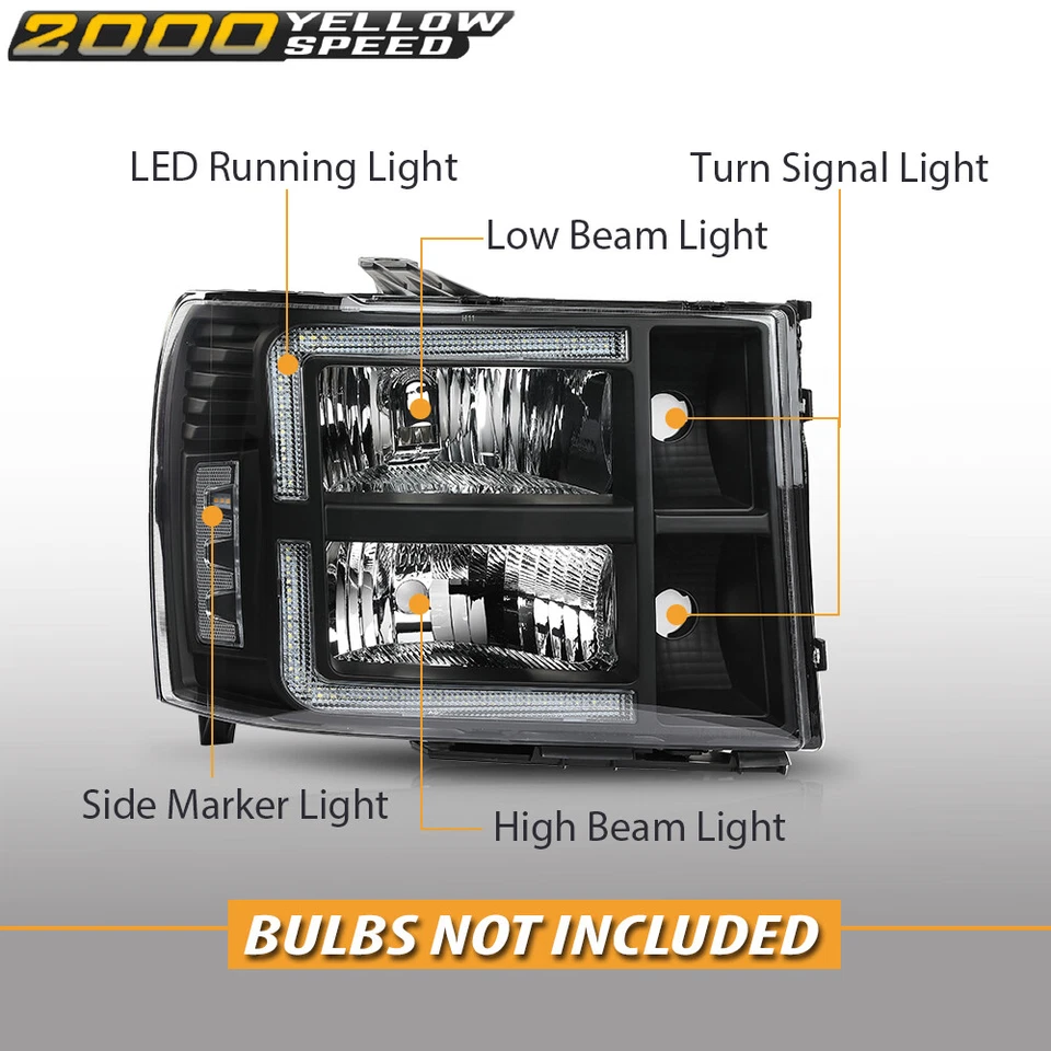 Clear/Black LED DRL Headlights Fit For 2007-2013 GMC Sierra 1500 2500 3500HD - Image 3 of 4