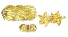 Vintage Lot of 3 Belt Buckle Seashell Starfish Shell All Signed Gold Tone