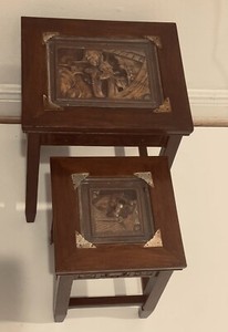 Pair Of Hand Carved Wood Chinese Nesting Tables 14” Tall X 11” Plant Stands