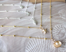 Beach Pearl SeaShell Starfish Necklace Dainty Pendant Beaded Chain Coastal Charm