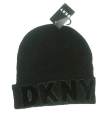 DKNY women's Logo Velvet Flocked Flat Knit Beanie hat - Black - one size