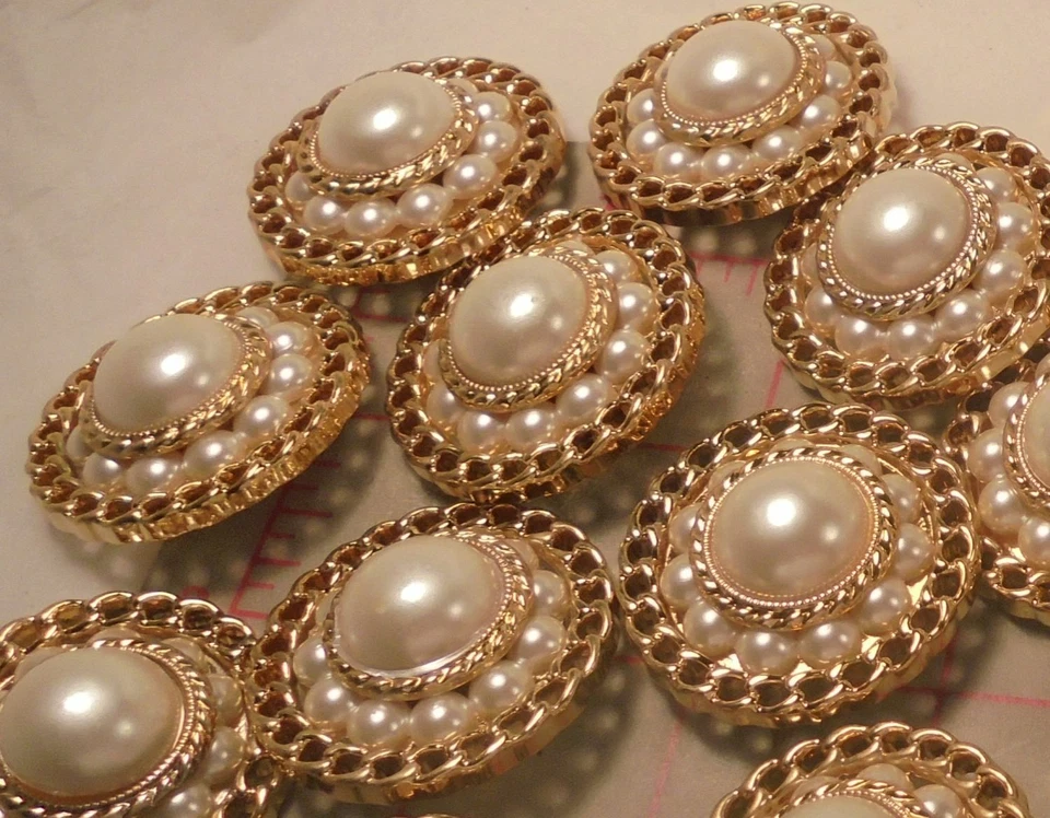 3 Gorgeous Large Pearl and Gold Shank Buttons with Extra Row of Pearls 1-1/4" - Image 3 of 4