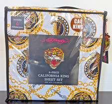 Ed Hardy White 6 pc Cal King Sheet Set Tigers Print w/4 Pillowcases