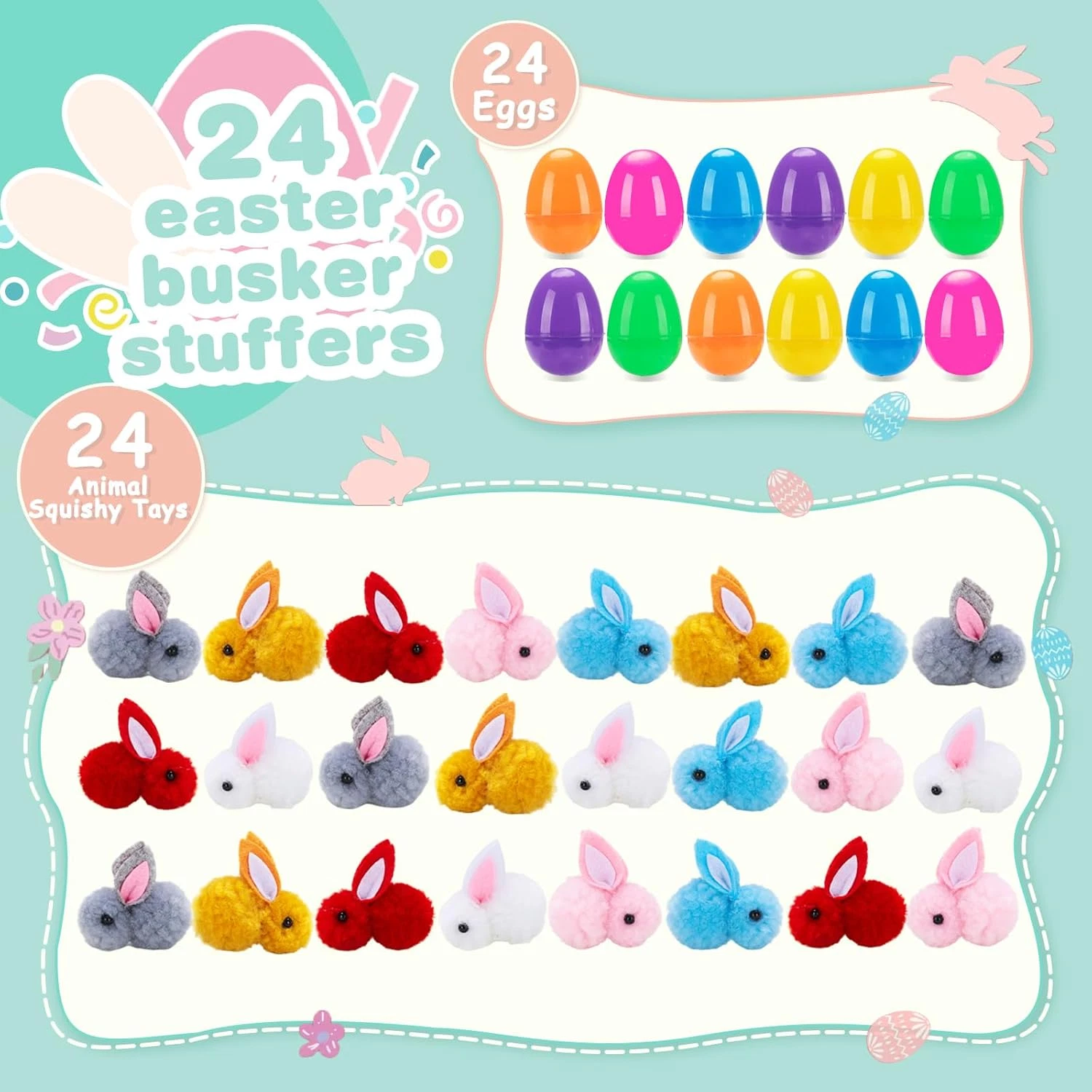 24 Pcs Prefilled Easter Eggs Plush Bunny Toy Basket Stuffer Hunt Party