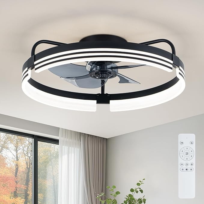 LMiSQ 50cm Low Profile Ceiling Fan Light 6 Speed Dimmable Black Acrylic