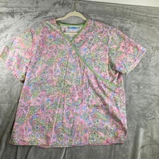 SB Scrubs Womens XL Pink Paisley Floral Mock Wrap V-Neck Medical Scrub Top